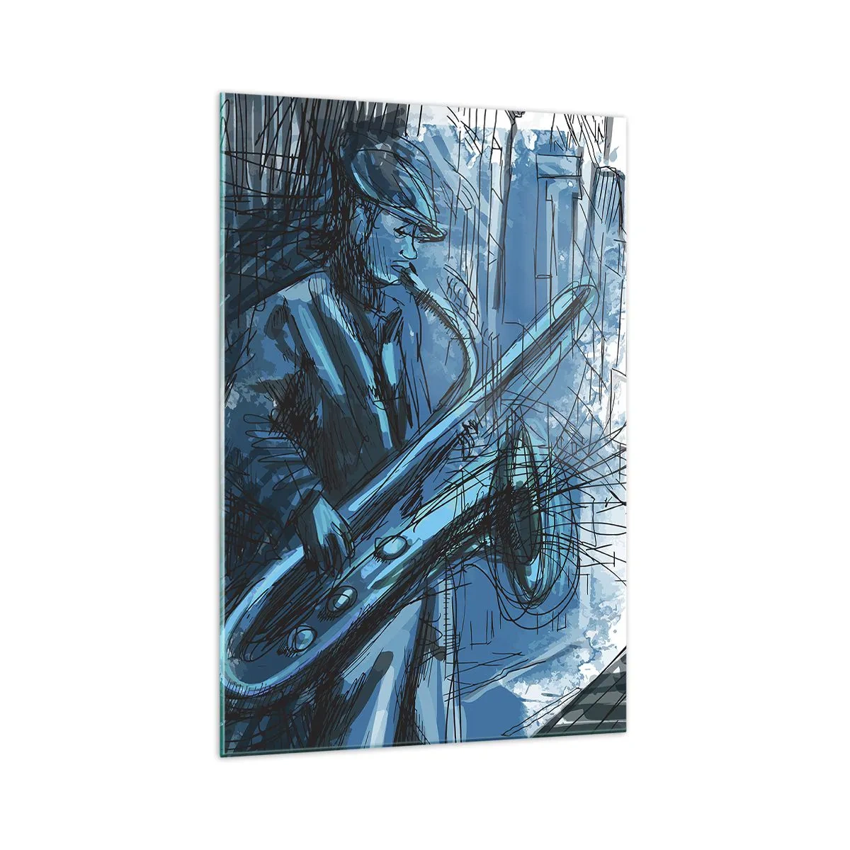 Cuadro sobre vidrio - Impresiones sobre Vidrio - Una figura tocando el saxofón con una ciudad como telón de fondo. - 70x100cm - Rapsodia urbana - Decoración de pared moderna para salón y dormitorio ARTTOR