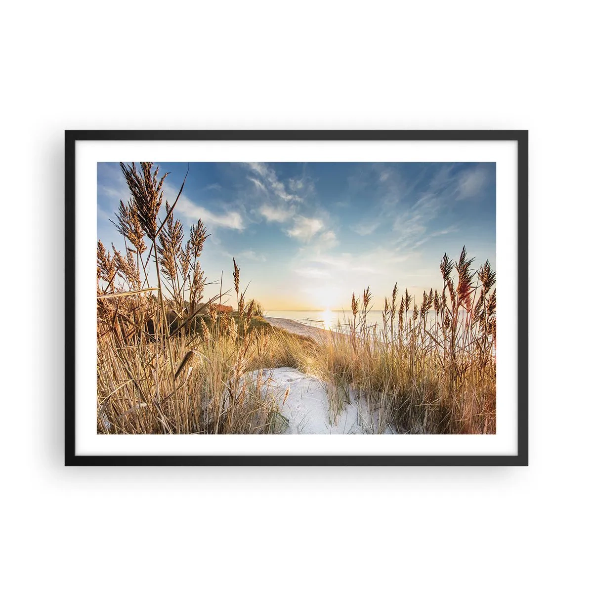 Póster en marco negro - Una playa pintoresca con césped y la puesta de sol. - 70x50cm - Playa del norte - Decoración de pared moderna para salón y dormitorio ARTTOR