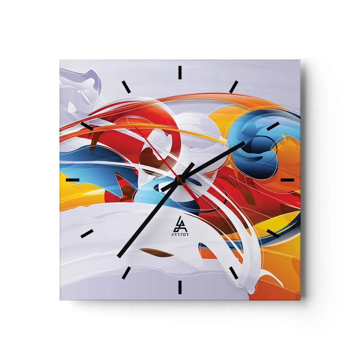 Reloj de pared - Reloj de vidrio - Abstracción colorida con líneas dinámicas y colores vivos. - 30x30cm - Danza de los elementos - Decoración de pared moderna para salón y dormitorio ARTTOR