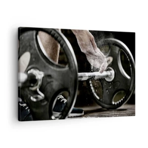 Cuadro sobre lienzo - Impresión de Imagen - Mancuernas y manos de un atleta preparándose para el entrenamiento. - 70x50cm - ¡Reto aceptado! - Decoración de pared moderna para salón y dormitorio ARTTOR