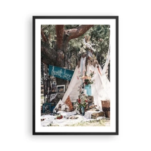 Póster en marco negro - Una composición de estilo boho con una tienda de campaña, flores y las palabras Sweet Love. - 50x70cm - Amor exótico - Decoración de pared moderna para salón y dormitorio ARTTOR