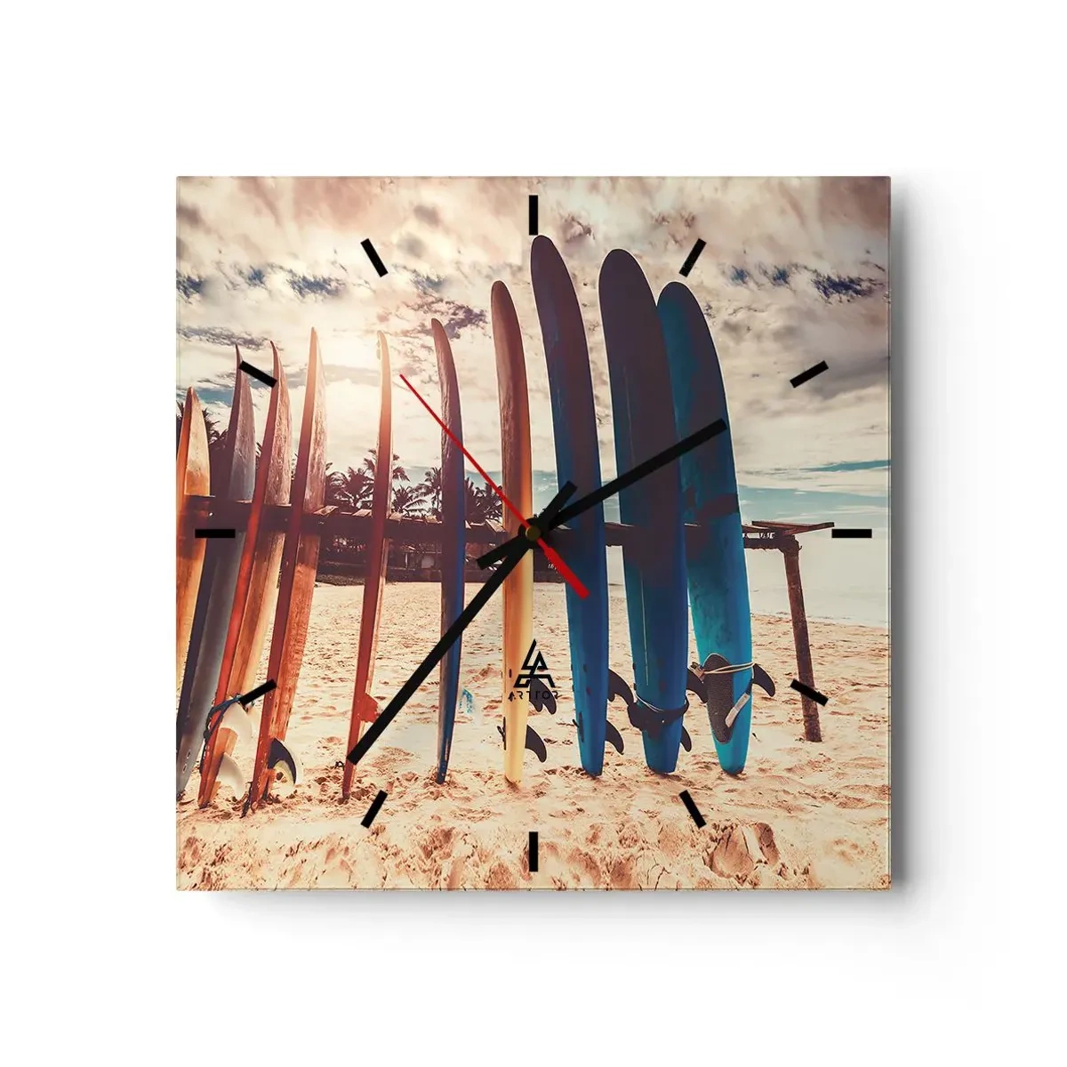 Reloj de pared - Reloj de vidrio - Tablas de surf en la playa al atardecer - 30x30cm - Buenas noches, hasta mañana - Decoración de pared moderna para salón y dormitorio ARTTOR