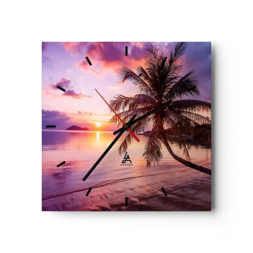 Reloj de pared - Reloj de vidrio - Playa tropical con palmeras al atardecer - 30x30cm - Hermosura hasta el horizonte - Decoración de pared moderna para salón y dormitorio ARTTOR