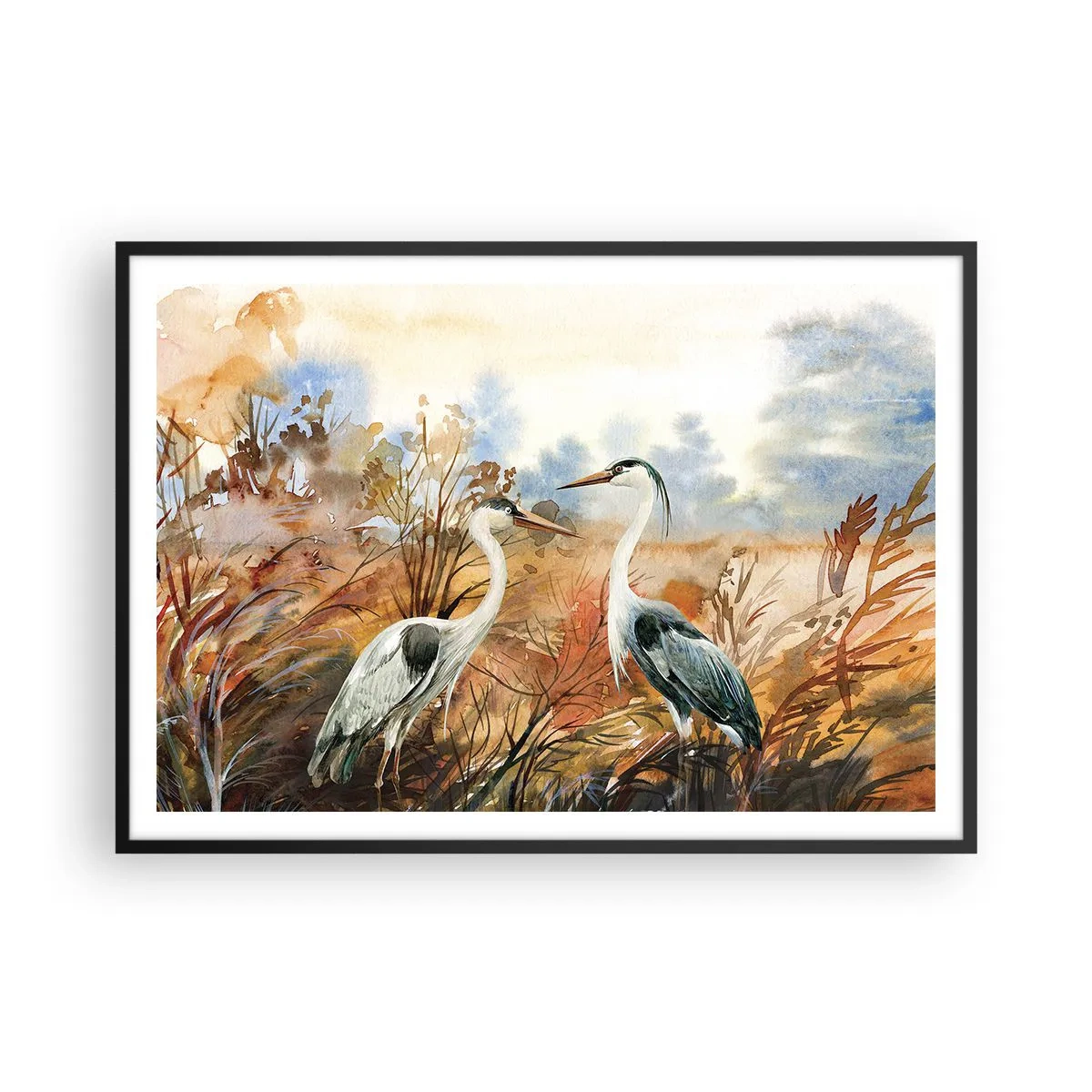 Póster en marco negro - Dos garzas sobre el fondo de un paisaje otoñal. - 100x70cm - ¿A dónde nos dirigimos en otoño? - Decoración de pared moderna para salón y dormitorio ARTTOR