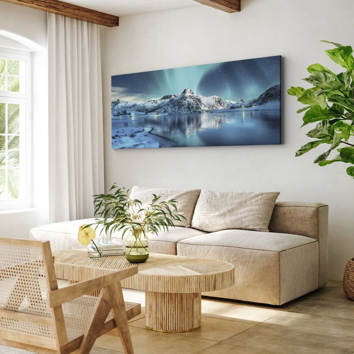 Cuadro sobre lienzo - Impresión de Imagen - Aurora boreal sobre montañas nevadas y un lago - 120x50cm - Una noche de luz - Decoración de pared moderna para salón y dormitorio ARTTOR
