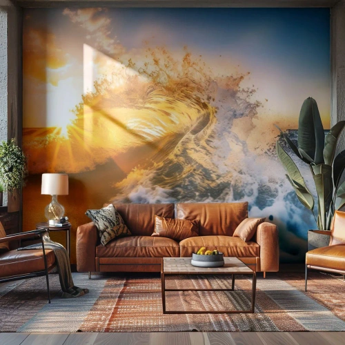 Fotomural Premium Canvas - Una ola dorada con el sol poniente como telón de fondo. - 100x70cm - Jugando en la arena - Decoración de pared moderna para salón y dormitorio ARTTOR