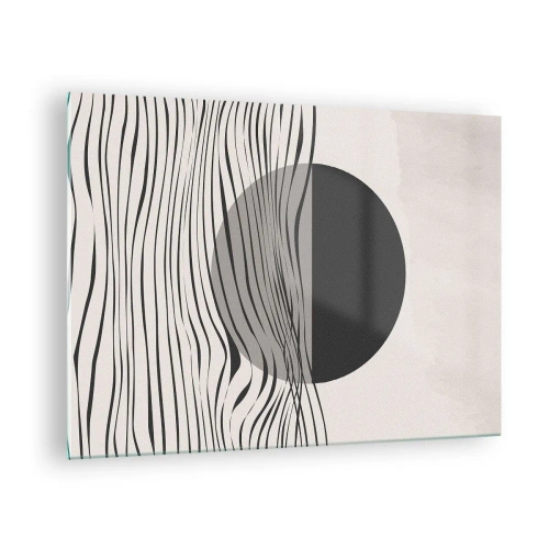 Cuadro sobre vidrio - Impresiones sobre Vidrio - Ondas negras y un círculo sobre un fondo beige - 70x50cm - Media composición - Decoración de pared moderna para salón y dormitorio ARTTOR