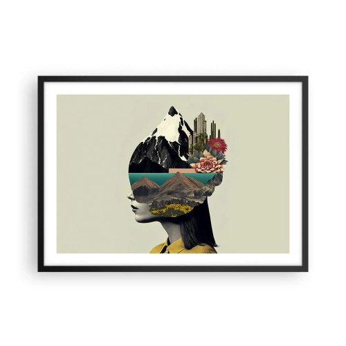 Póster en marco negro - Collage de una mujer con un paisaje de montaña y flores. - 70x50cm - La mujer, siempre un misterio - Decoración de pared moderna para salón y dormitorio ARTTOR