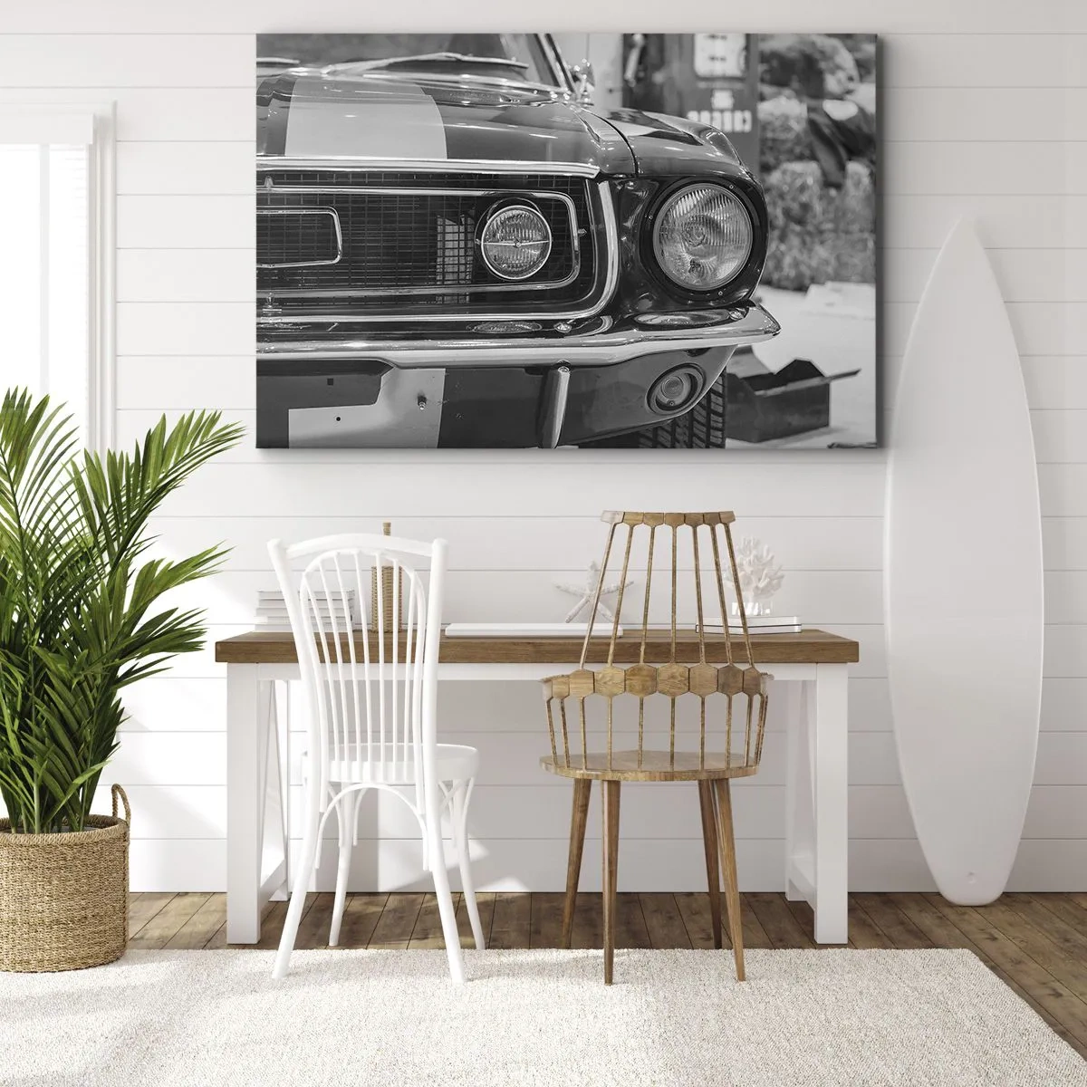 Cuadro sobre lienzo - Impresión de Imagen - Capó de coche clásico en blanco y negro - 120x80cm - Paseo rudo - Decoración de pared moderna para salón y dormitorio ARTTOR