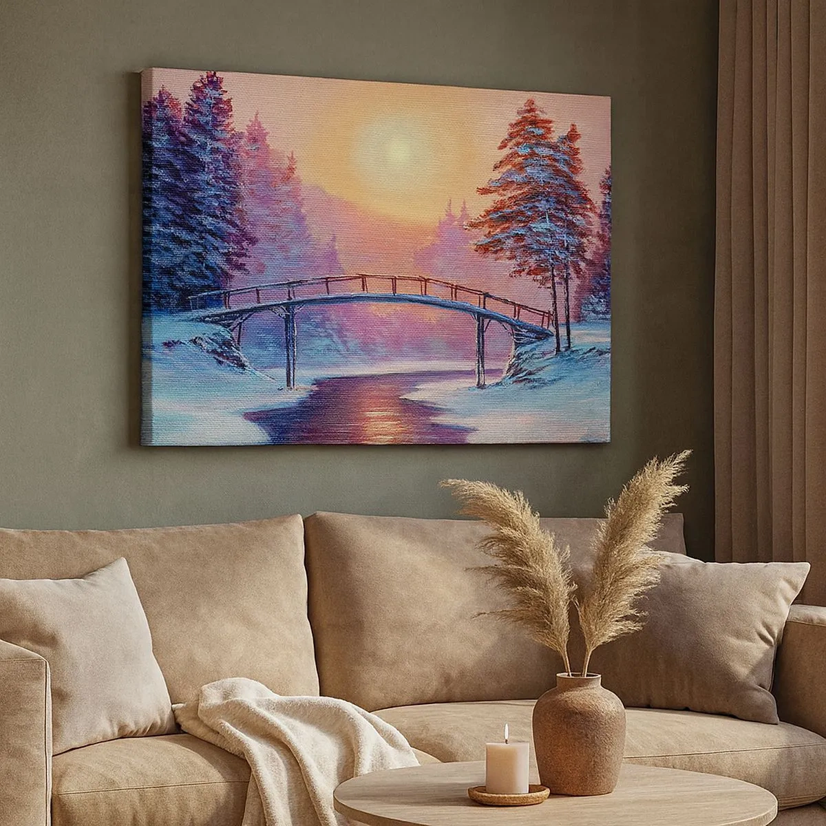 Cuadro sobre lienzo - Impresión de Imagen - Paisaje invernal con un puente iluminado por el atardecer. - 70x50cm - Las cuatro estaciones: el invierno - Decoración de pared moderna para salón y dormitorio ARTTOR