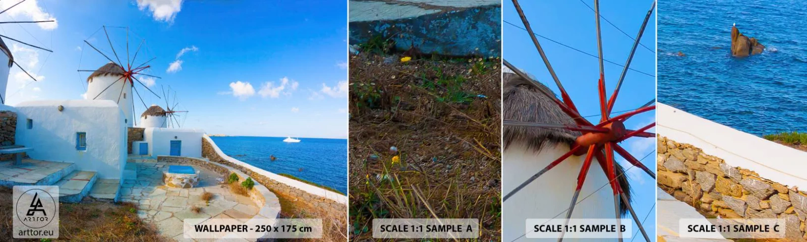 Muestra de fotomural autoadhesivo Deluxe Sticker - Viento azul marino - Arquitectura, Paisaje, Grecia - 100x30 cm