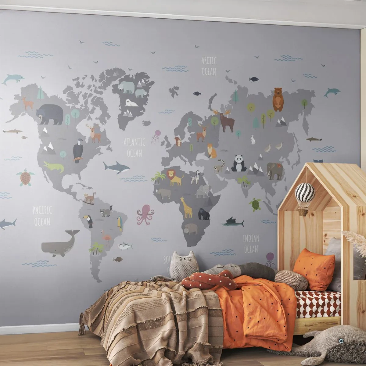 Fotomural Premium Sand - Dime de dónde eres... - Mapa del mundo, animales, Continentes - 100x70 cm