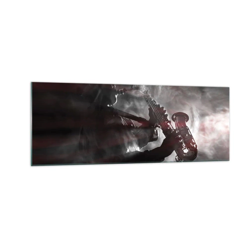Cuadro sobre vidrio - Impresiones sobre Vidrio - Saxofonista en humo en el escenario en negro y rojo atmosférico - 140x50cm - En el vapor del jazz - Decoración de pared moderna para salón y dormitorio ARTTOR