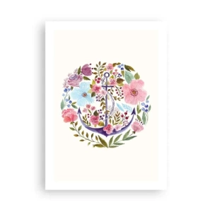 Póster - Un ancla de acuarela rodeada de flores sobre un fondo claro. - 50x70cm - El sueño reparador de un marinero - Decoración de pared moderna para salón y dormitorio ARTTOR