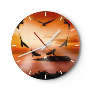 Reloj de pared - Reloj de vidrio - Pájaros sobre la isla al atardecer - 30x30cm - Ama el mundo como los pájaros - Decoración de pared moderna para salón, cocina y dormitorio ARTTOR