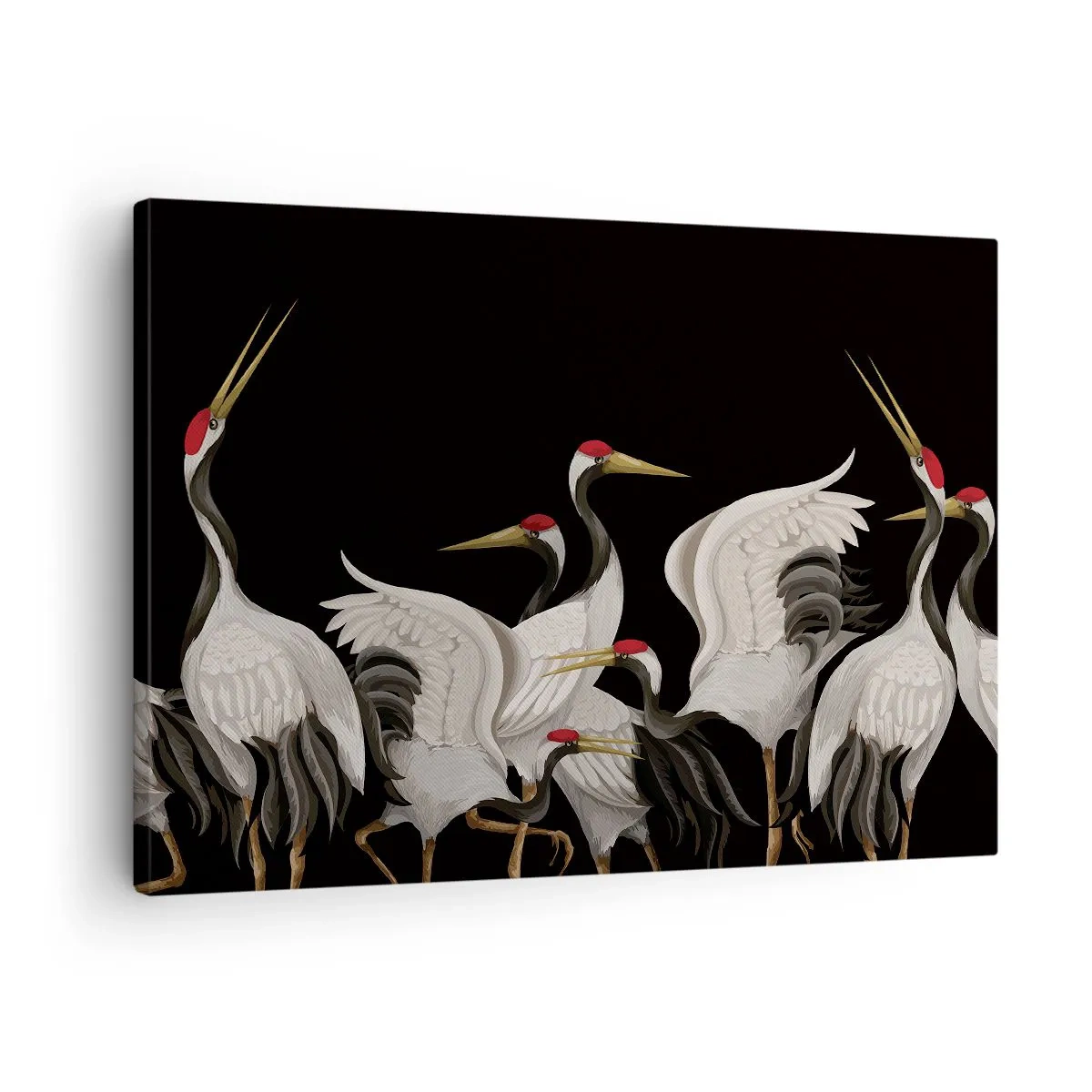 Cuadro sobre lienzo - Impresión de Imagen - Grúas blancas con acentos rojos sobre fondo negro - 70x50cm - Asuntos de aves - Decoración de pared moderna para salón y dormitorio ARTTOR