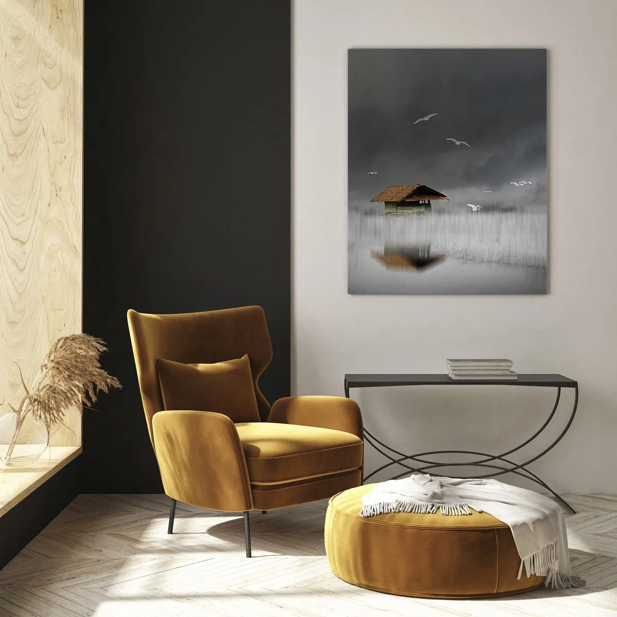 Cuadro sobre vidrio - Impresiones sobre Vidrio - Una cabaña solitaria sobre el agua rodeada de niebla y pájaros. - 70x100cm - Resguardo de la lluvia - Decoración de pared moderna para salón y dormitorio ARTTOR