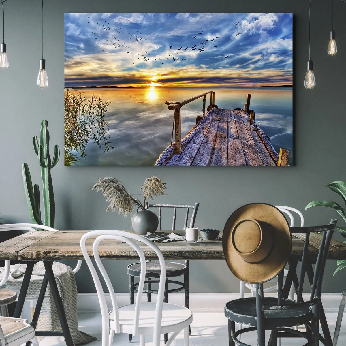 Cuadro sobre lienzo - Impresión de Imagen - Muelle de madera sobre el lago al atardecer - 70x50cm - El viento se va a descansar - Decoración de pared moderna para salón y dormitorio ARTTOR