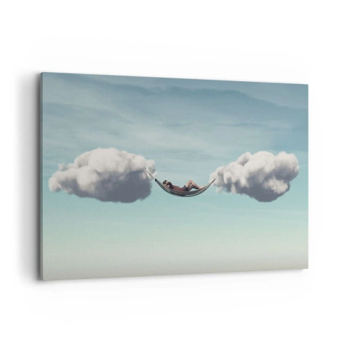Cuadro sobre lienzo - Impresión de Imagen - Una persona relajándose en una hamaca suspendida en las nubes. - 100x70cm - La felicidad del momento - Decoración de pared moderna para salón y dormitorio ARTTOR