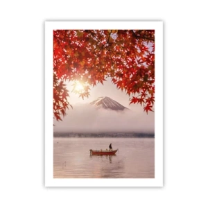 Póster - Monte Fuji con un barco en un lago y hojas de otoño - 50x70cm - Estilo japonés - Decoración de pared moderna para salón y dormitorio ARTTOR