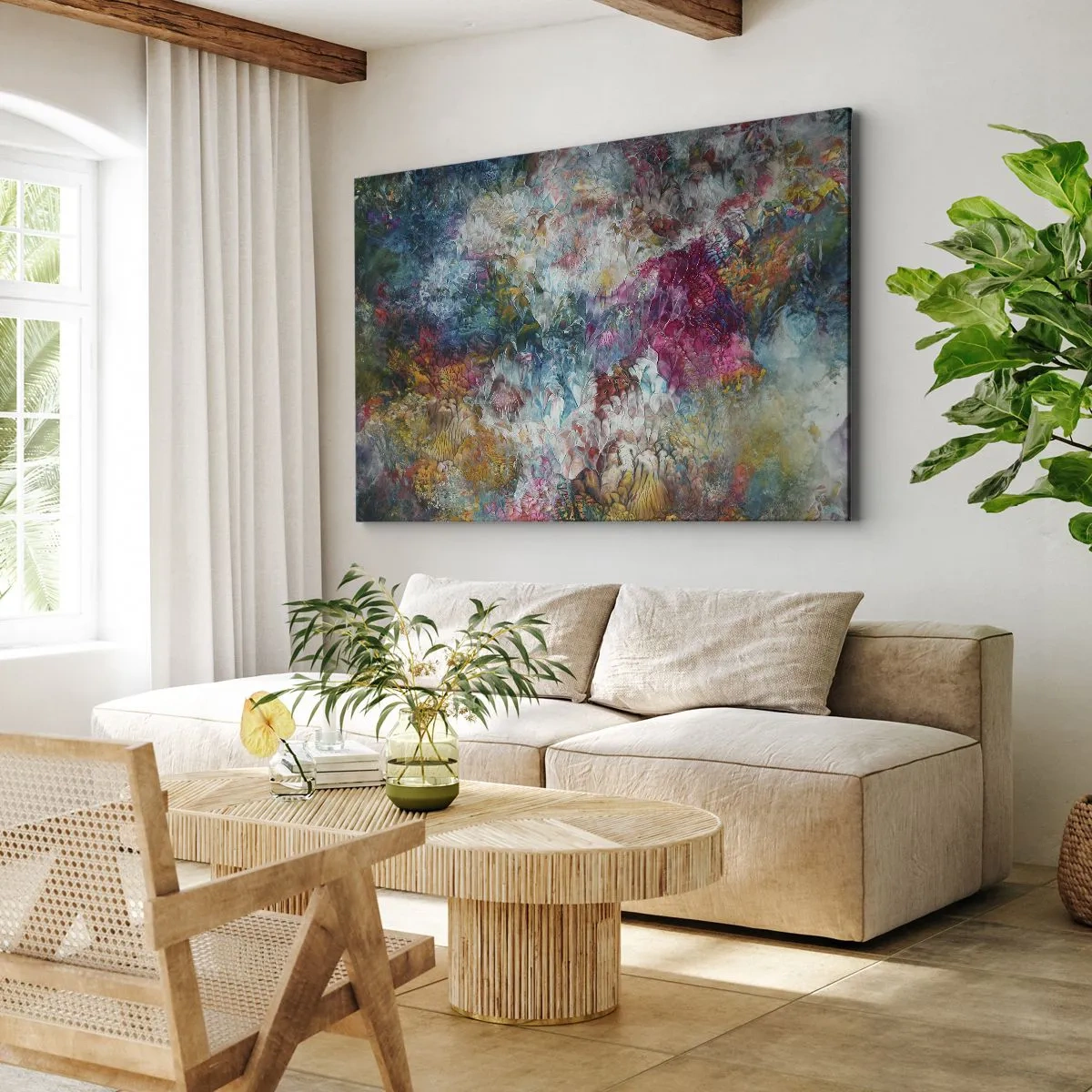 Cuadro sobre lienzo - Impresión de Imagen - Una abstracción colorida que se asemeja a flores en flor. - 100x70cm - En plena floración - Decoración de pared moderna para salón y dormitorio ARTTOR