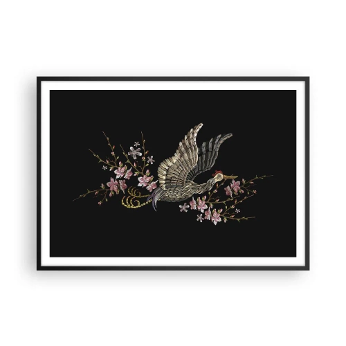 Póster en marco negro - Un pájaro en vuelo con flores sobre un fondo negro. - 100x70cm - Ave florida - Decoración de pared moderna para salón y dormitorio ARTTOR