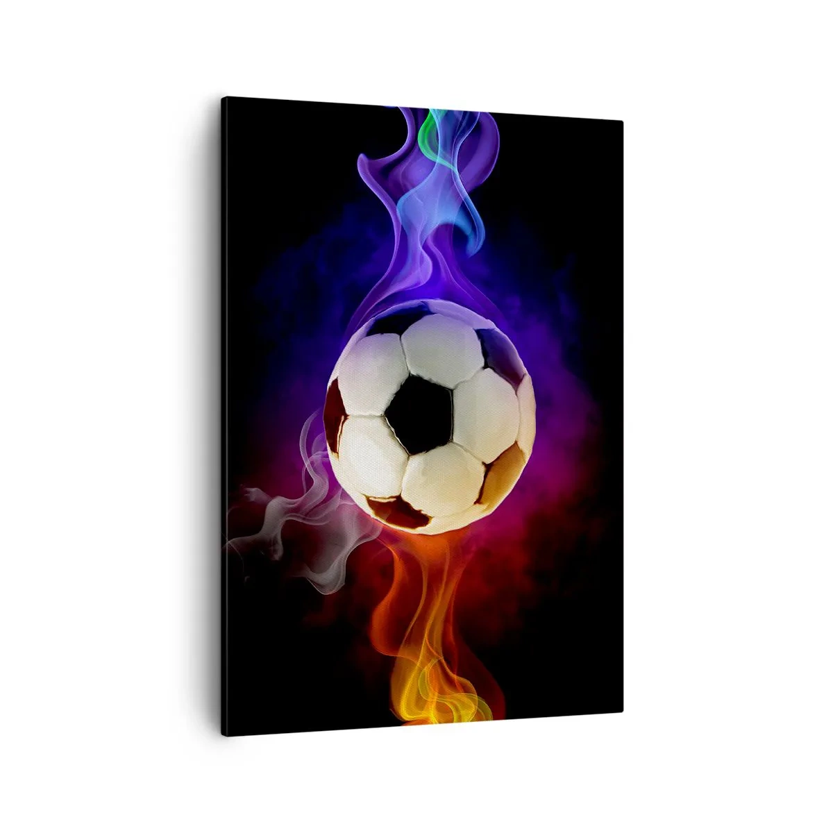 Cuadro sobre lienzo - Impresión de Imagen - Un balón de fútbol rodeado de efectos de humo de colores sobre un fondo oscuro. - 50x70cm - El poder mágico del juego - Decoración de pared moderna para salón y dormitorio ARTTOR