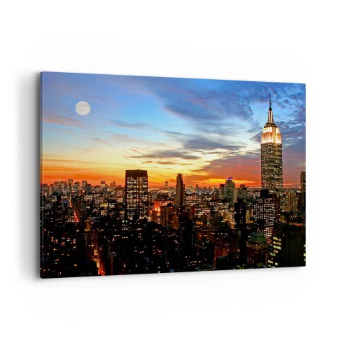 Cuadro sobre lienzo - Impresión de Imagen - Panorama de la ciudad con rascacielos iluminados al atardecer - 100x70cm - Una luminosa noche americana - Decoración de pared moderna para salón y dormitorio ARTTOR