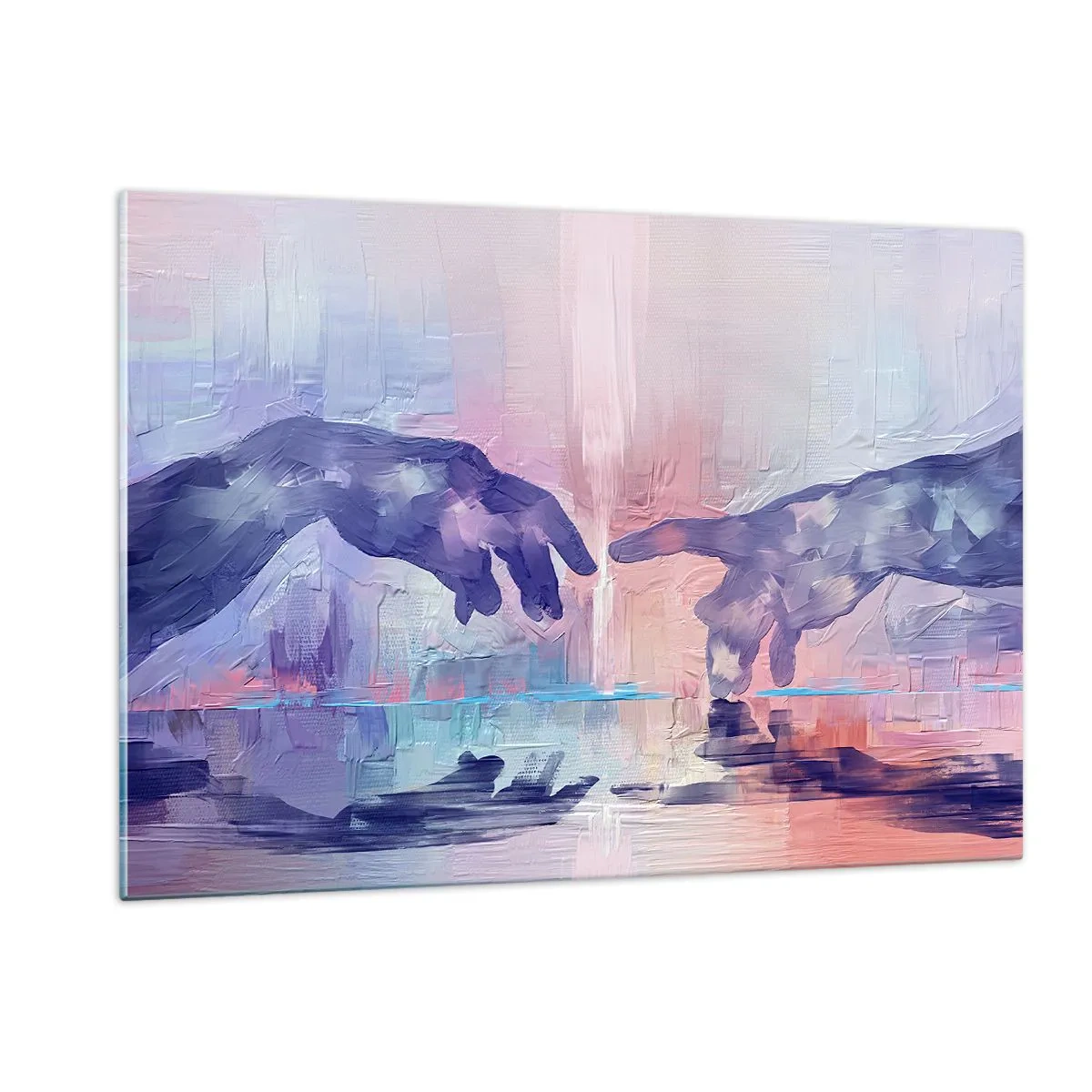 Cuadro sobre vidrio - Impresiones sobre Vidrio - Manos abstractas acercándose una a la otra sobre un fondo pastel. - 120x80cm - Chispa divina de vida - Decoración de pared moderna para salón y dormitorio ARTTOR