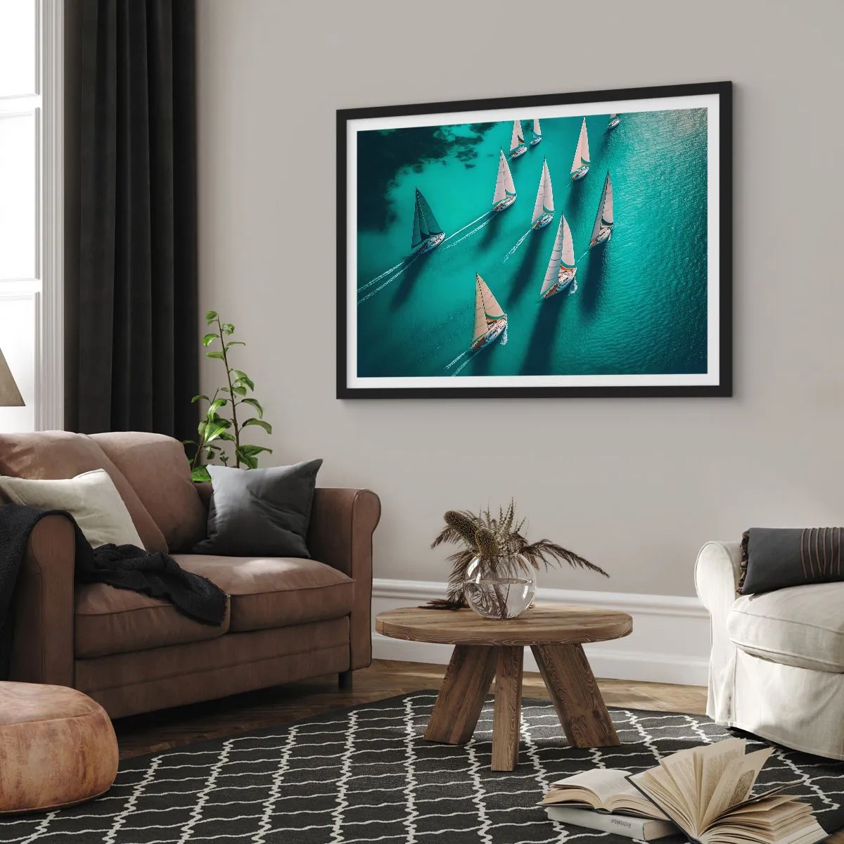 Póster en marco negro - Yates en aguas turquesas en movimiento dinámico - 70x50cm - En competición con el viento - Decoración de pared moderna para salón y dormitorio ARTTOR