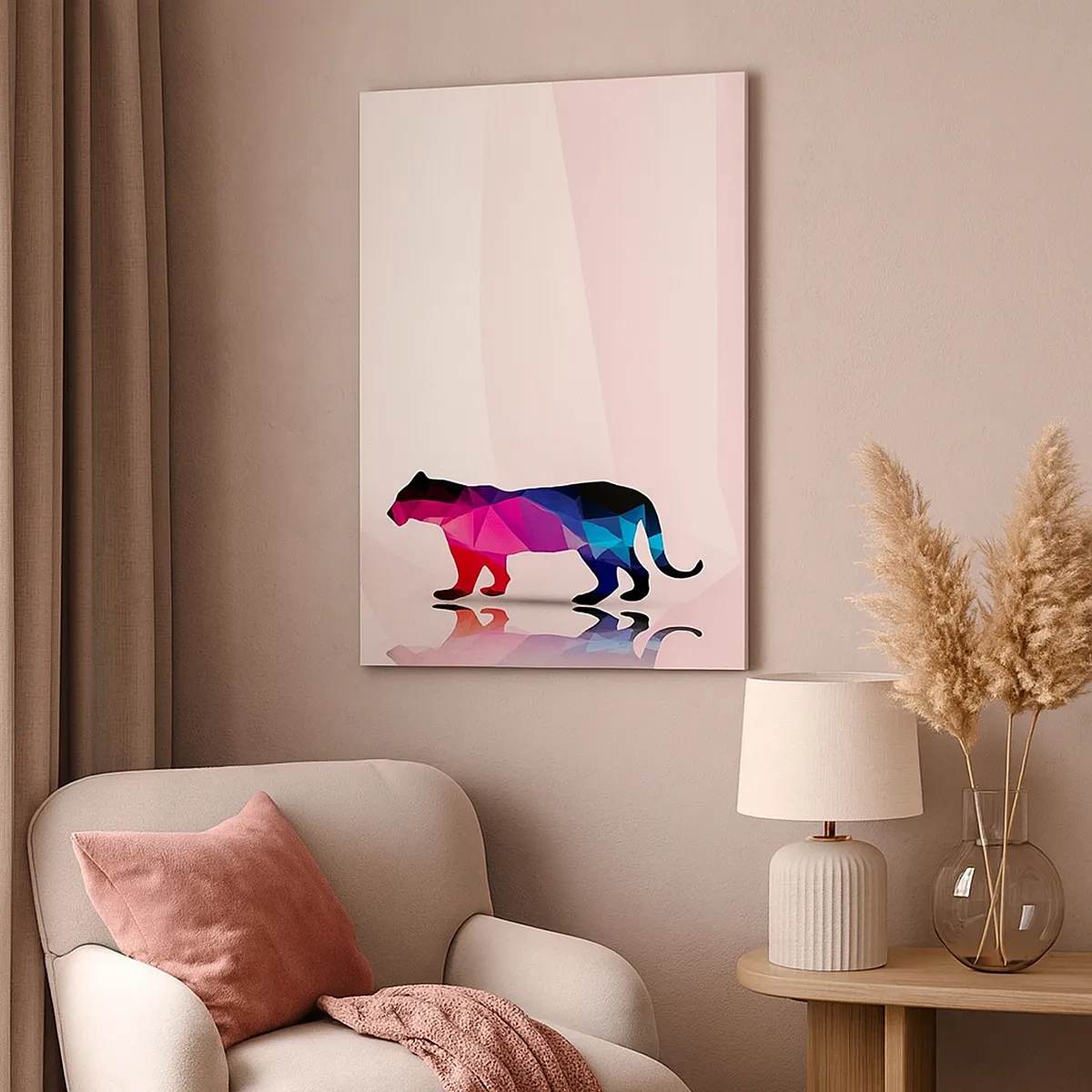 Cuadro sobre lienzo - Impresión de Imagen - Silueta de pantera geométrica en tonos rosa y azul. - 50x70cm - Pantera de diamante - Decoración de pared moderna para salón y dormitorio ARTTOR