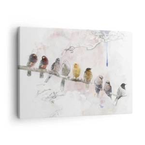 Cuadro sobre lienzo - Impresión de Imagen - Pájaros coloridos en una rama en estilo acuarela. - 70x50cm - Reunión alada - Decoración de pared moderna para salón y dormitorio ARTTOR
