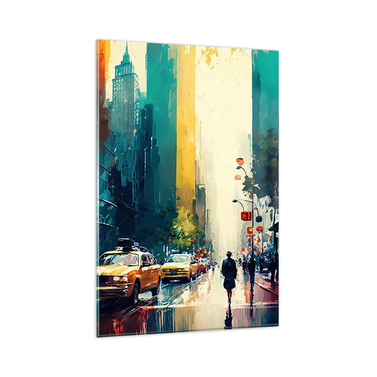 Cuadro sobre vidrio - Impresiones sobre Vidrio - Una ciudad bulliciosa con taxis y transeúntes. - 80x120cm - Nueva York - hasta la lluvia es colorida - Decoración de pared moderna para salón y dormitorio ARTTOR