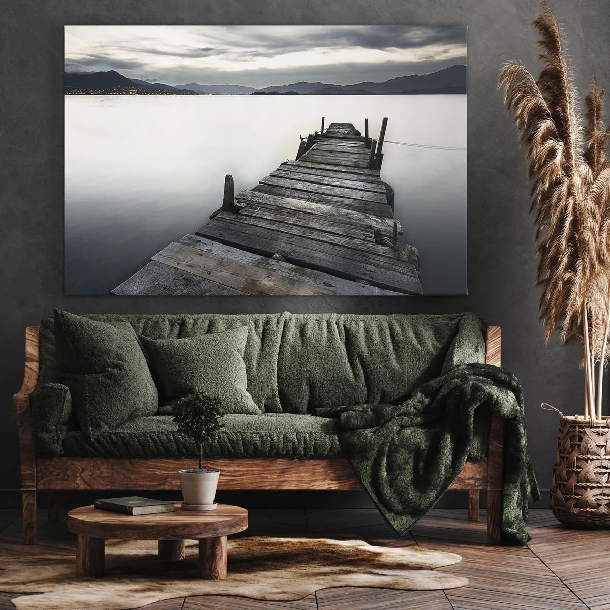 Cuadro sobre lienzo - Impresión de Imagen - Un puente de madera que conduce hacia un lago tranquilo. - 120x80cm - Sumérjase en la paz - Decoración de pared moderna para salón y dormitorio ARTTOR