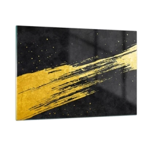 Cuadro sobre vidrio - Impresiones sobre Vidrio - Un pincel dorado sobre un fondo negro en una forma dinámica y abstracta. - 120x80cm - Saltar al hiperespacio - Decoración de pared moderna para salón y dormitorio ARTTOR