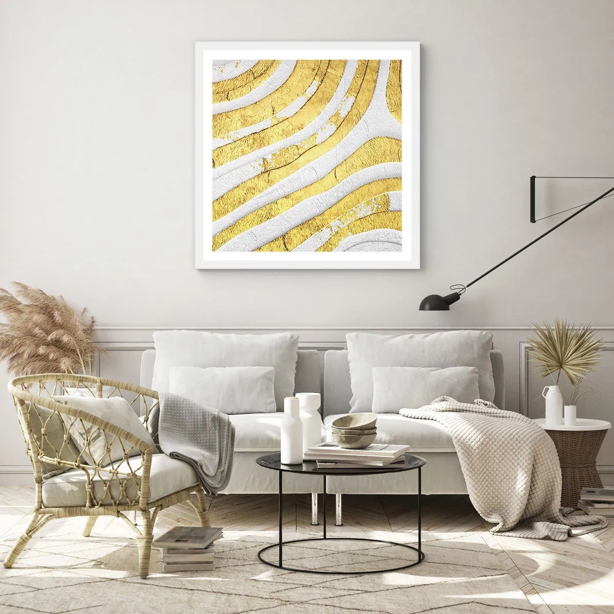 Póster en marco blanco - Una composición en blanco y oro - 30x30 cm