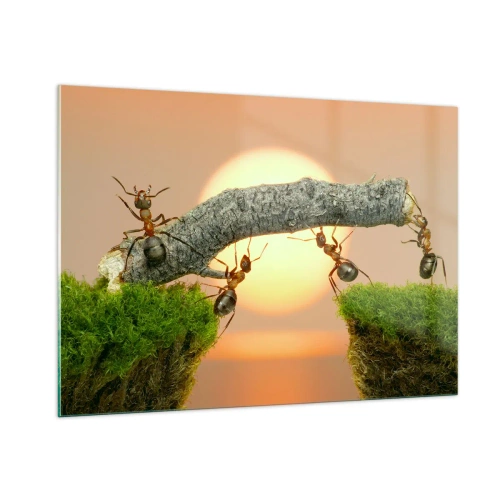 Cuadro sobre vidrio - Impresiones sobre Vidrio - Hormigas construyendo un puente al atardecer - 100x70cm - Trabajar juntos con alegría - Decoración de pared moderna para salón y dormitorio ARTTOR