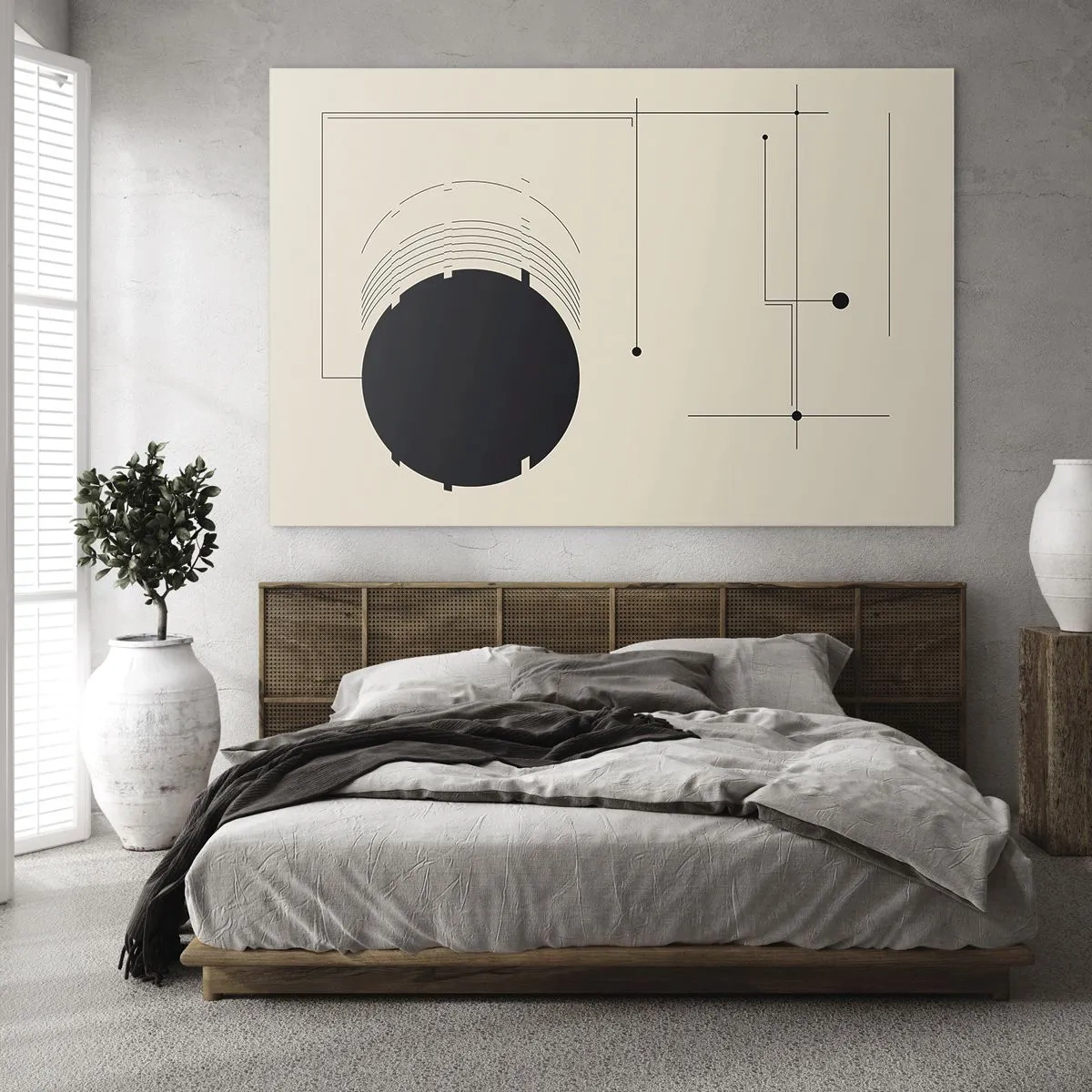 Cuadro sobre vidrio - Impresiones sobre Vidrio - Composición abstracta con un círculo negro y líneas geométricas. - 70x50cm - Composición elástica y dinámica - Decoración de pared moderna para salón y dormitorio ARTTOR