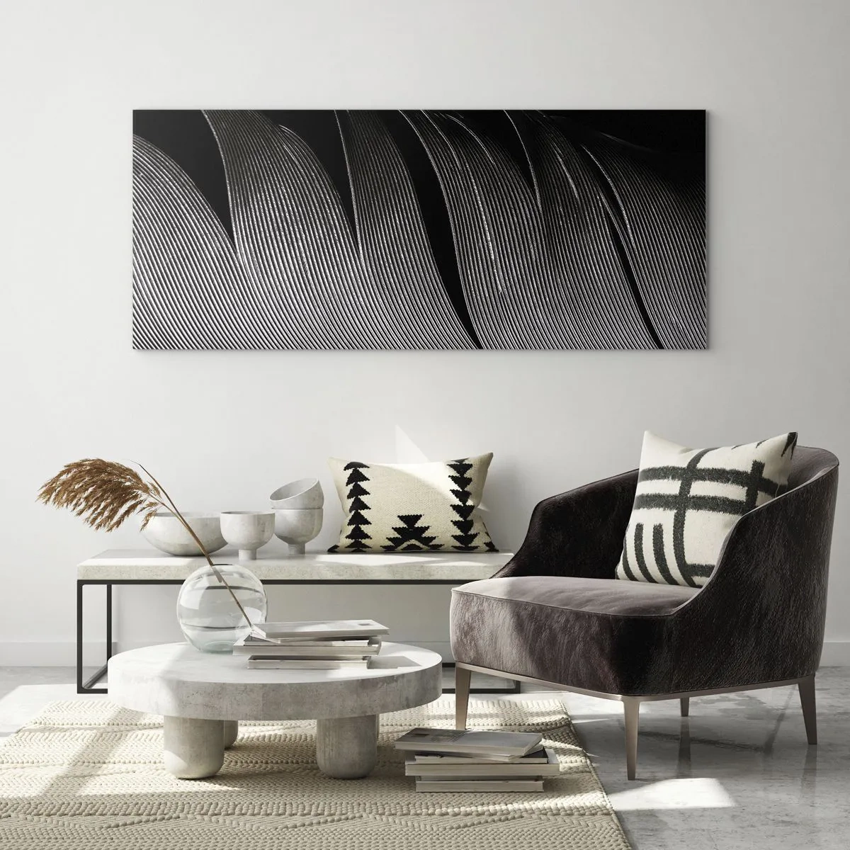 Cuadro sobre vidrio - Impresiones sobre Vidrio - Textura de plumas en blanco y negro en un estilo minimalista. - 140x50cm - Pluma - una construcción maravillosa - Decoración de pared moderna para salón y dormitorio ARTTOR