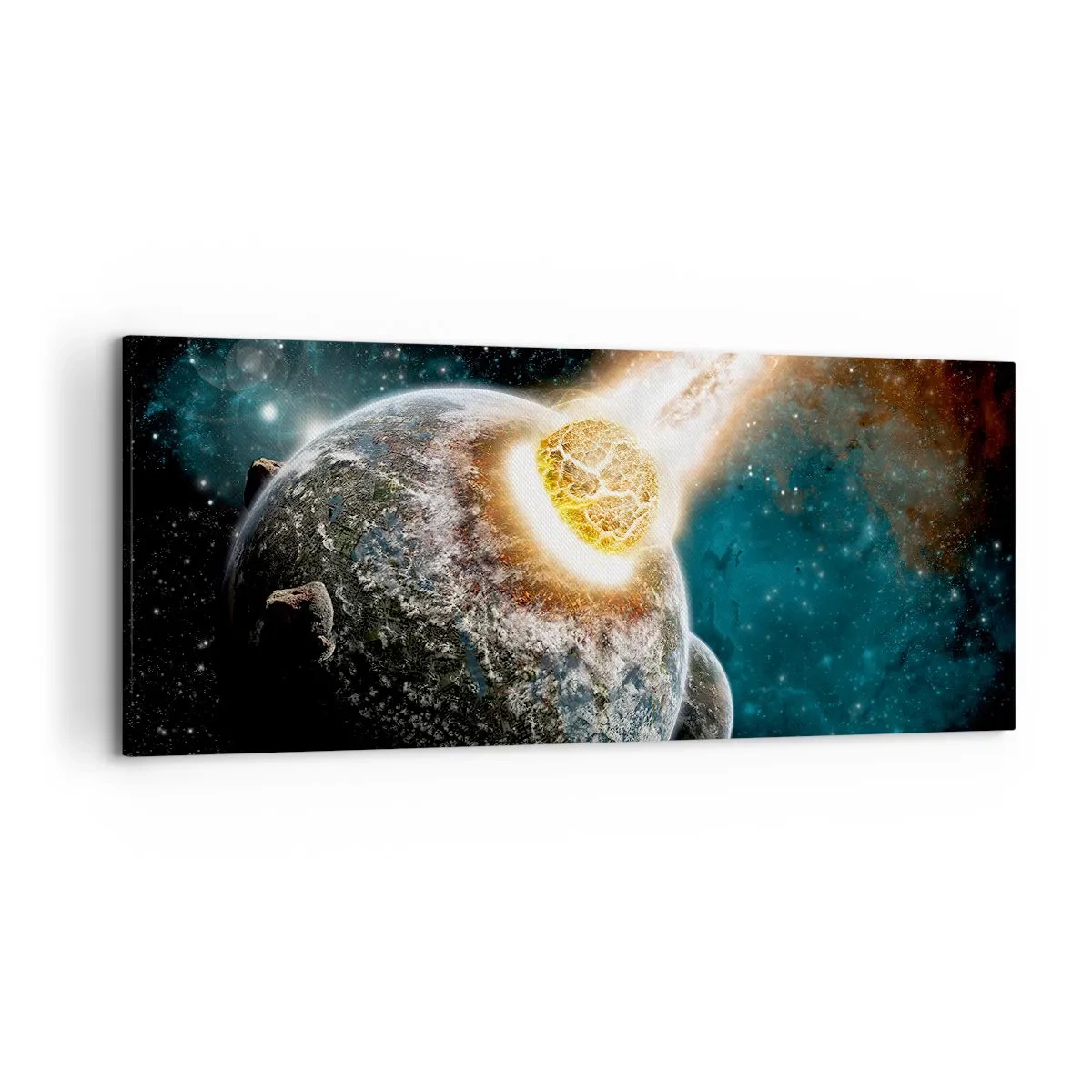 Cuadro sobre lienzo - Impresión de Imagen - Colisión cósmica de un planeta con un asteroide en las proximidades de la galaxia. - 120x50cm - ¿Condena o nacimiento? - Decoración de pared moderna para salón y dormitorio ARTTOR