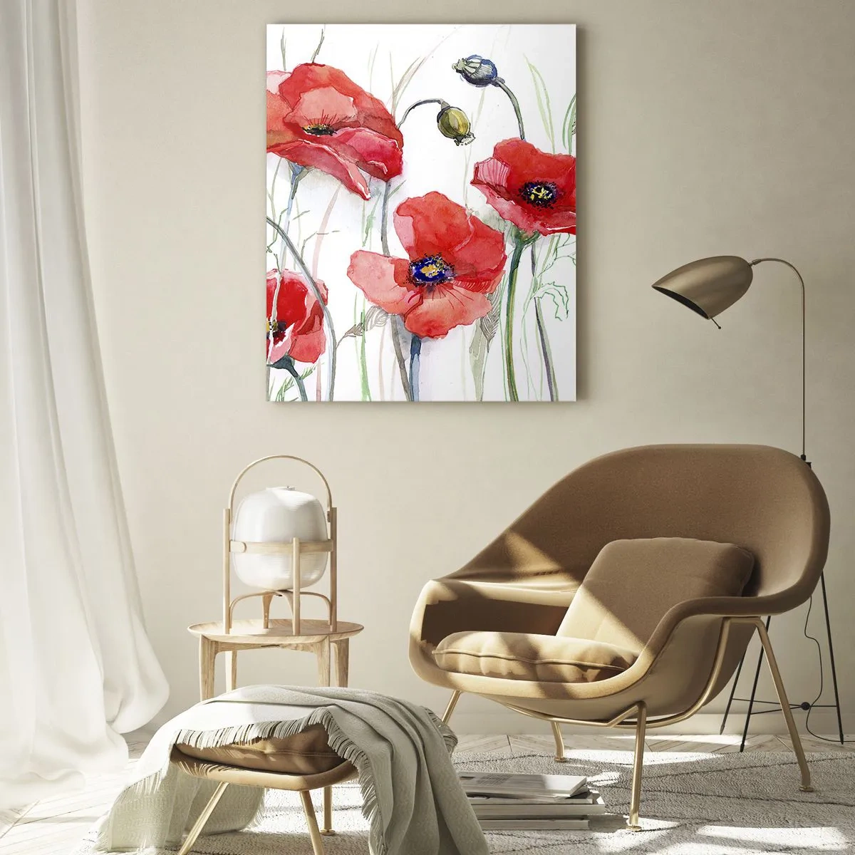 Cuadro sobre vidrio - Impresiones sobre Vidrio - Amapolas rojas de acuarela sobre un fondo blanco - 50x70cm - Flores polacas - Decoración de pared moderna para salón y dormitorio ARTTOR