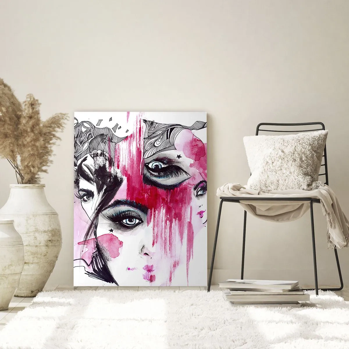 Cuadro sobre vidrio - Impresiones sobre Vidrio - Rostros femeninos abstractos con acentos rosas en un estilo de boceto. - 50x70cm - Ojos abstractos - Decoración de pared moderna para salón y dormitorio ARTTOR