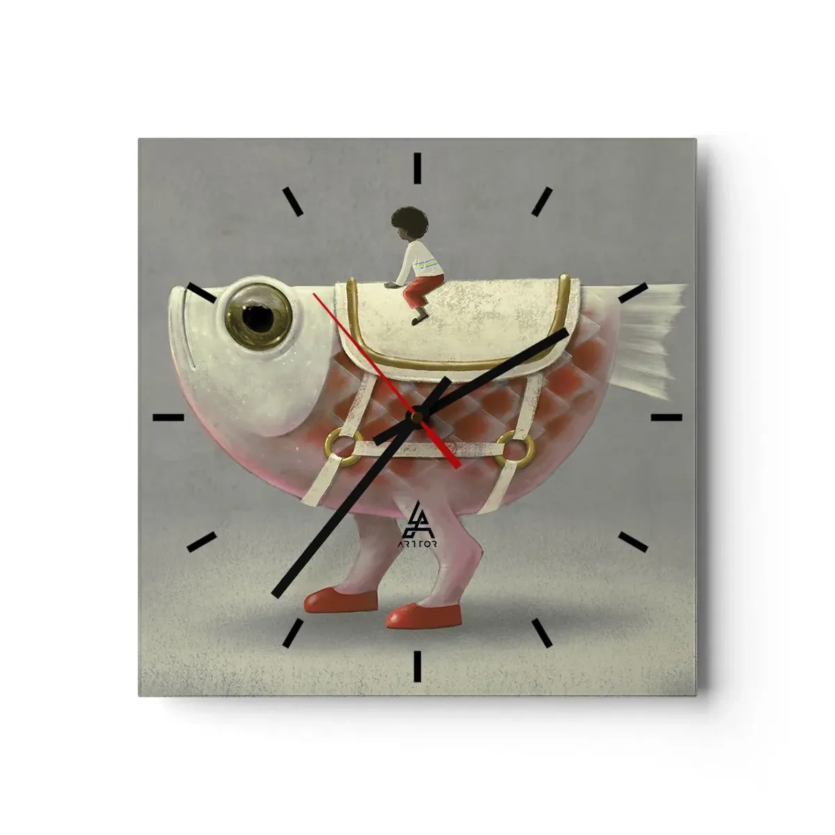 Reloj de pared - Reloj de vidrio - Un elegante jinete de pez con piernas y silla de montar. - 30x30cm - Jinete del pescado - Decoración de pared moderna para salón y dormitorio ARTTOR