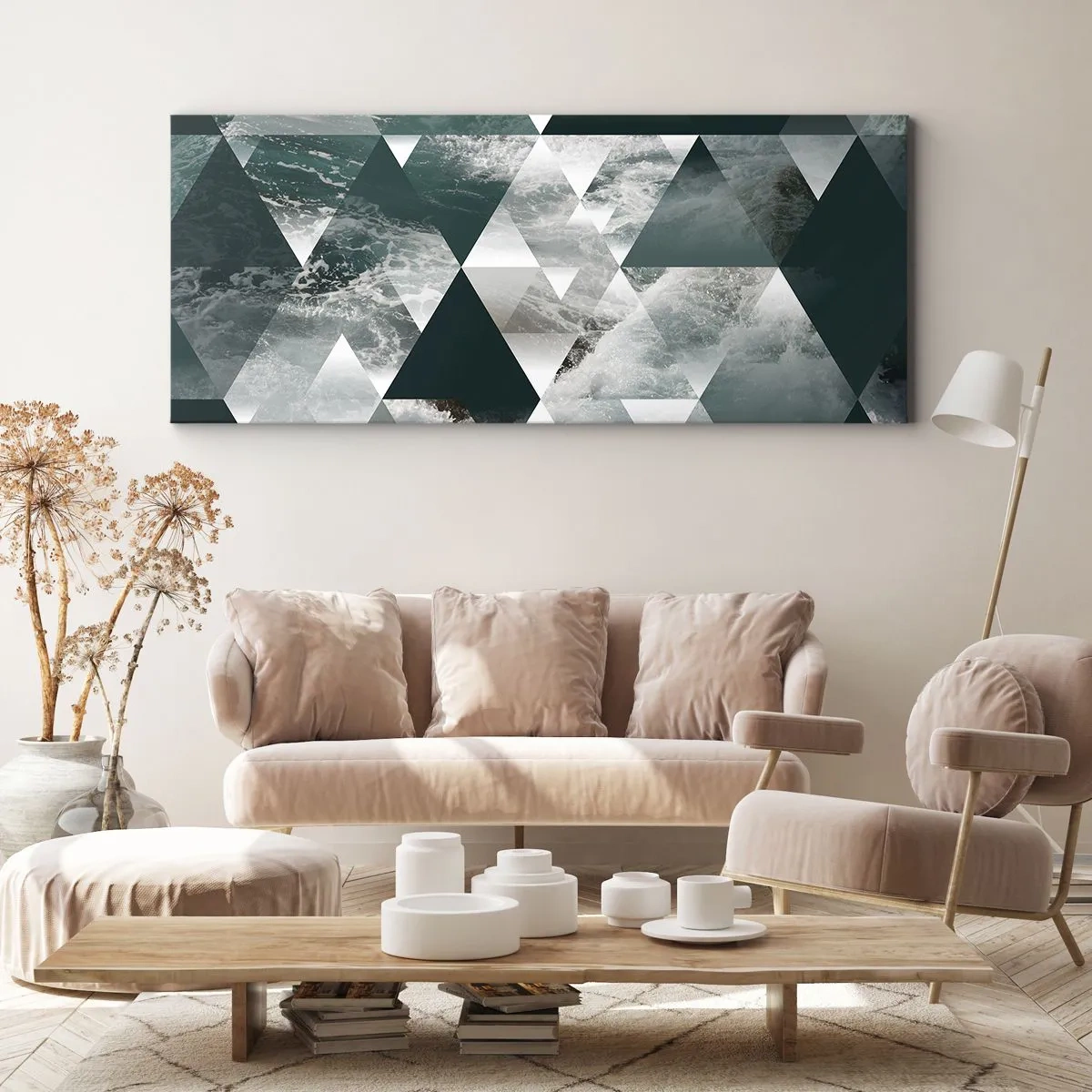 Cuadro sobre lienzo - Impresión de Imagen - Patrón geométrico con motivo de ondas en tonos verdes. - 140x50cm - Una perspectiva de cristal - Decoración de pared moderna para salón y dormitorio ARTTOR