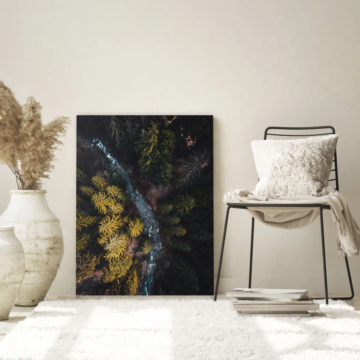 Cuadro sobre vidrio - Impresiones sobre Vidrio - Una vista de pájaro de un paisaje forestal con un arroyo sinuoso. - 50x70cm - Rápido, cada vez más rápido - Decoración de pared moderna para salón y dormitorio ARTTOR