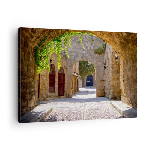 Cuadro sobre lienzo - Impresión de Imagen - Arcos de piedra y calles adoquinadas de estilo medieval - 70x50cm - La procesión está a punto de aparecer. - Decoración de pared moderna para salón y dormitorio ARTTOR