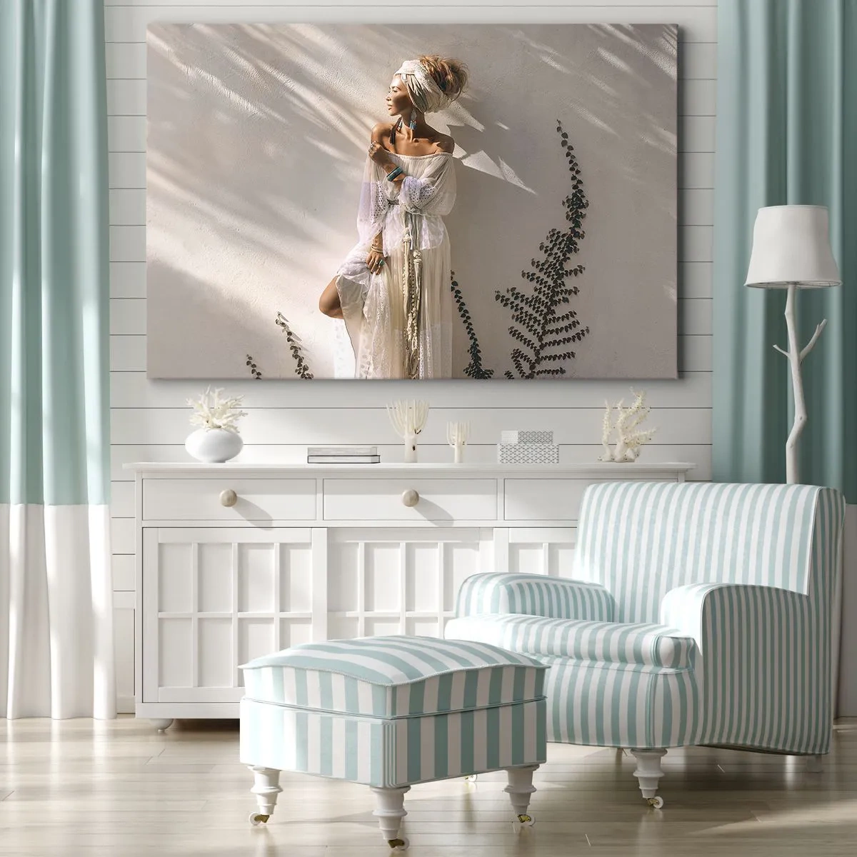 Cuadro sobre lienzo - Impresión de Imagen - Una mujer de estilo boho iluminada por los rayos del sol. - 70x50cm - El sol y la joven - Decoración de pared moderna para salón y dormitorio ARTTOR
