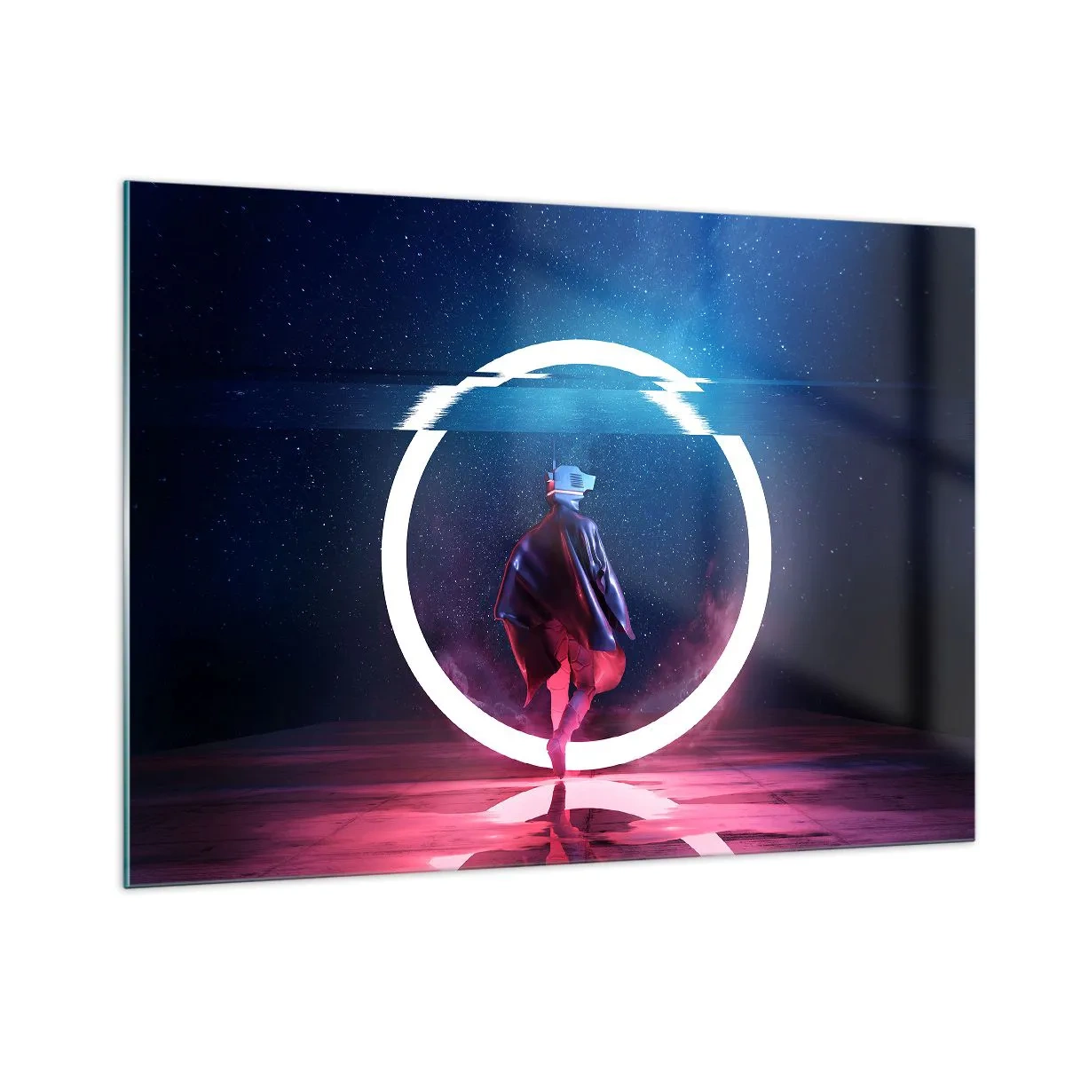 Cuadro sobre vidrio - Impresiones sobre Vidrio - Una figura en un entorno futurista con un anillo de neón. - 100x70cm - Entre mundos - Decoración de pared moderna para salón y dormitorio ARTTOR