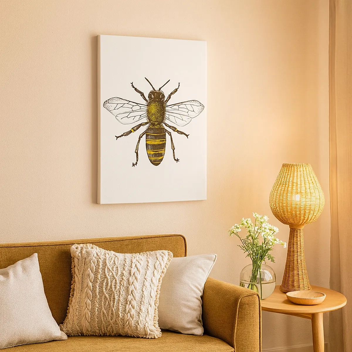 Cuadro sobre lienzo - Impresión de Imagen - Ilustración detallada de una abeja sobre un fondo blanco. - 50x70cm - Bondad natural - Decoración de pared moderna para salón y dormitorio ARTTOR