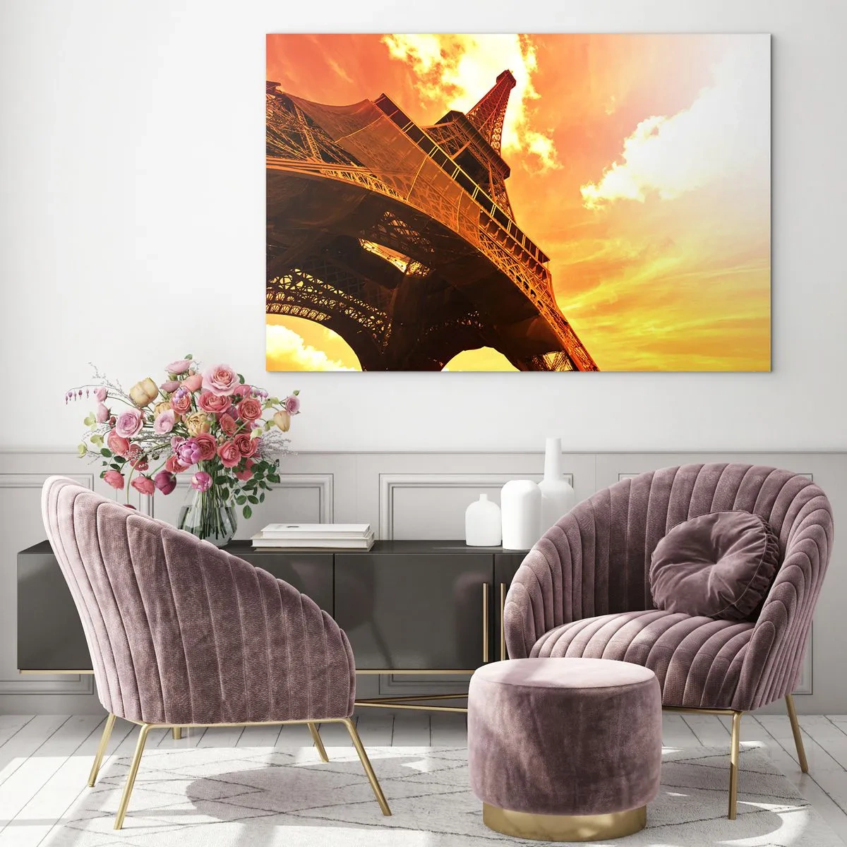 Cuadro sobre vidrio - Impresiones sobre Vidrio - La Torre Eiffel en cálidos tonos naranjas al atardecer - 70x50cm - Monumental, dorado por el sol - Decoración de pared moderna para salón y dormitorio ARTTOR